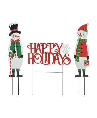 Glitzhome 32"H Set of 3 Christmas Metal Snowman and Happy Holidays Yard Stake