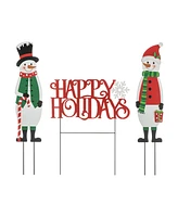 Glitzhome 32"H Set of 3 Christmas Metal Snowman and Happy Holidays Yard Stake