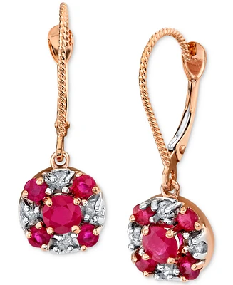 Ruby (1-1/3 ct. t.w.) & Diamond (1/4 ct. t.w.) Round Cluster Leverback Drop Earrings in 14k Rose Gold