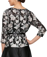 Alex Evenings Women's Embroidered Floral Belted Blouse