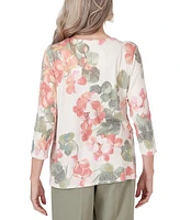 Alfred Dunner Petite Tuscan Sunset Floral-Print Embellished Textured Top