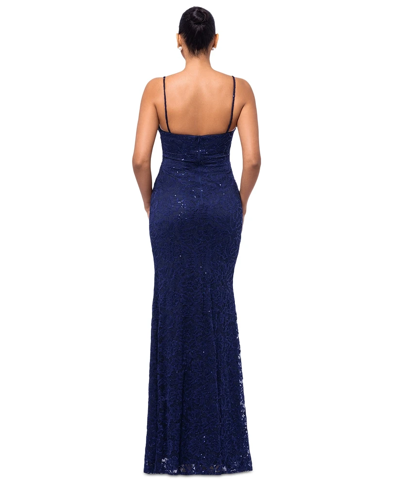 Betsy & Adam Women's Sequin Lace Draped Sleeveless Gown