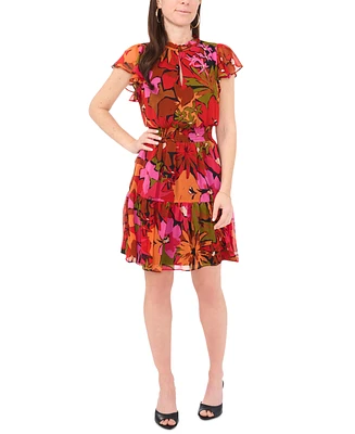 Msk Petite Floral Smocked-Waist Flutter-Sleeve Dress