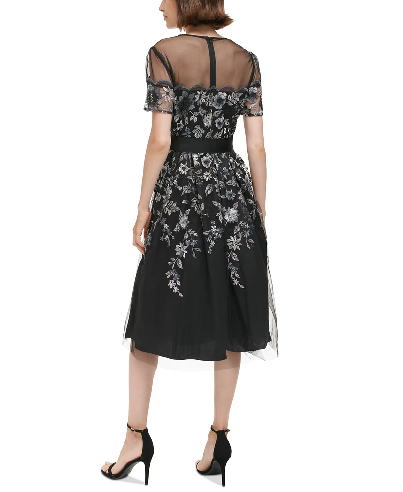 Eliza J Petite Embroidered Illusion Fit & Flare Dress