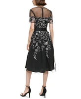 Eliza J Petite Embroidered Illusion Fit & Flare Dress