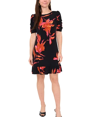 Msk Petite Printed Caterpillar-Sleeve Flounce-Hem Dress