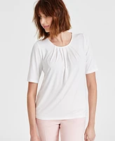 Kasper Petite Pleated-Neck Elbow-Sleeve Top