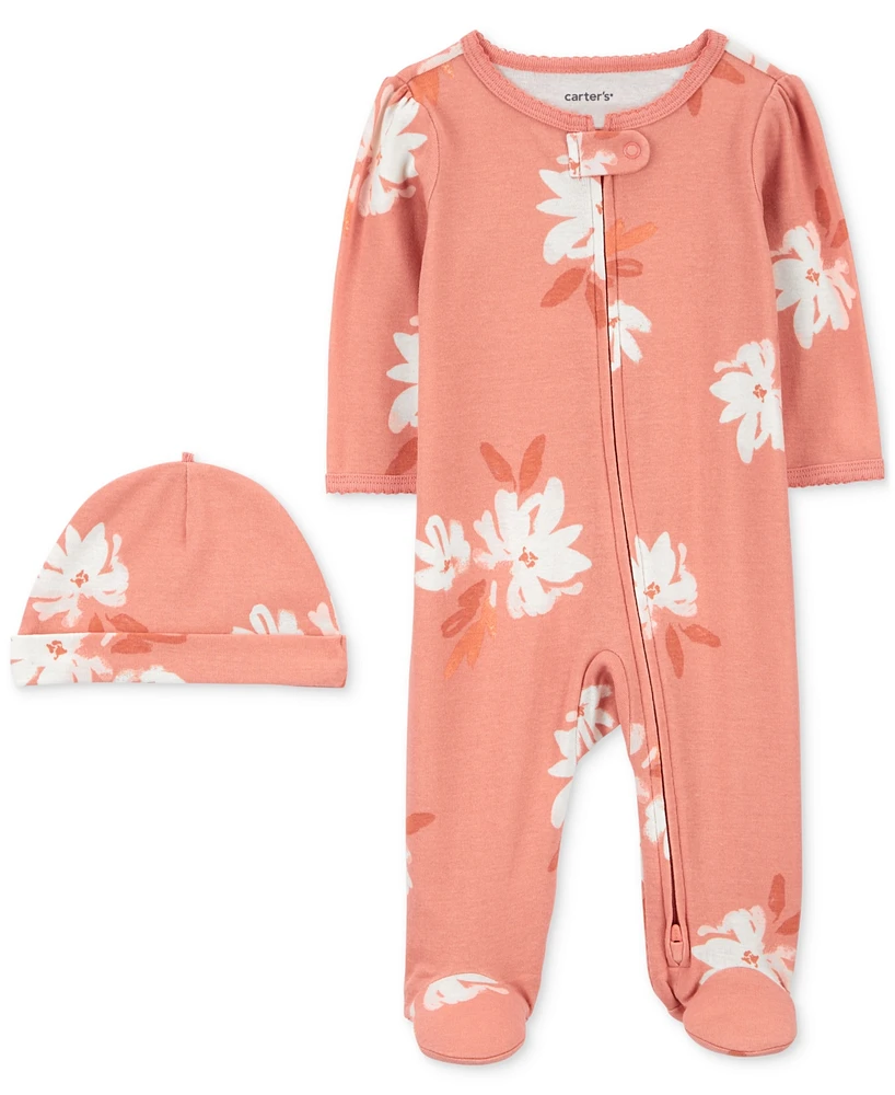 Carter's Baby Girls Cotton Floral-Print Footed Sleep & Play Coverall Cap, 2 Piece Set