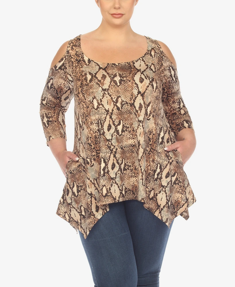 White Mark Plus Snake Print Cold Shoulder Tunic Top