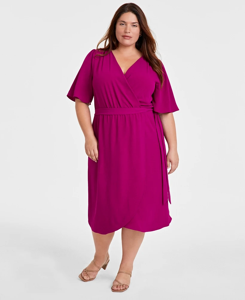 Connected Plus V-Neck Butterfly-Sleeve Midi Dress