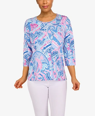 Alfred Dunner Women's three quarter length sleeves Paisley Fish Top