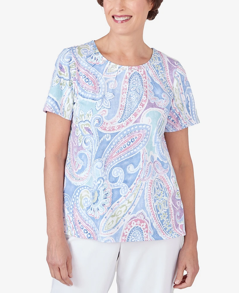Alfred Dunner Women's Pleated Crew Neck Paisley Short Sleeve Tee