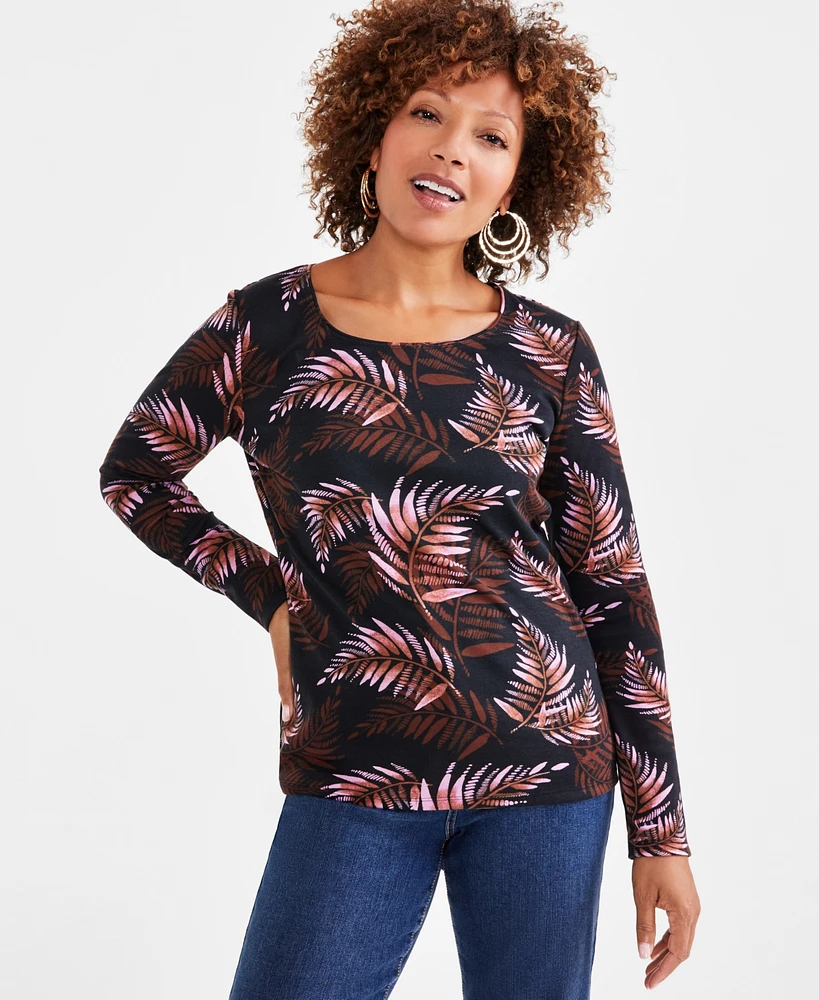 Style & Co Petite Palm Perfection Scoop-Neck Long-Sleeve Top, Created for Macy's