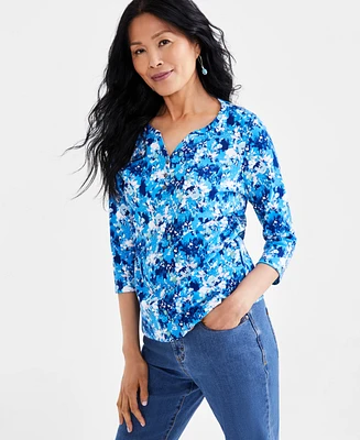 Style & Co Women's Printed 3/4-Sleeve Henley Tee, Created for Macy's