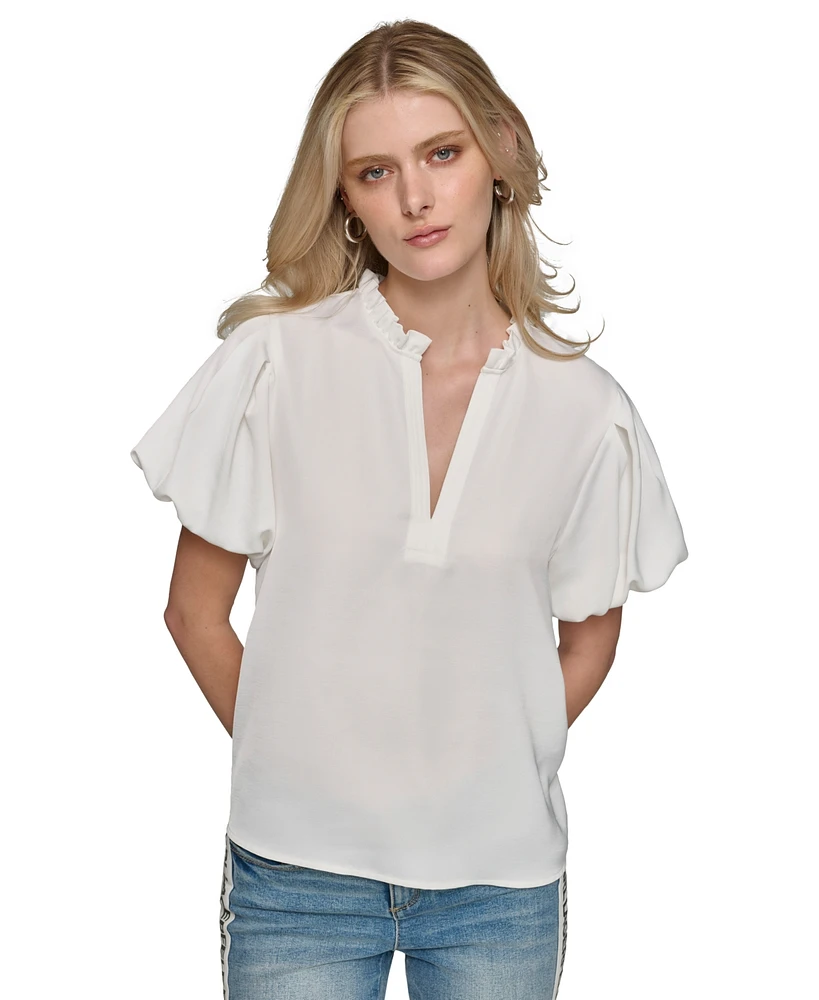 Karl Lagerfeld Paris Women's V-Neck Puff-Sleeve Blouse