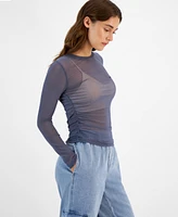 Just Polly Juniors' Side-Ruched Long-Sleeve Mesh Top