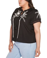 Belldini Black Label Plus Embroidered Tie-Neck Peasant Top