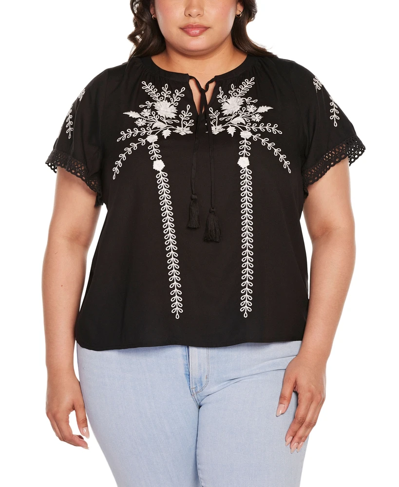 Belldini Black Label Plus Embroidered Tie-Neck Peasant Top