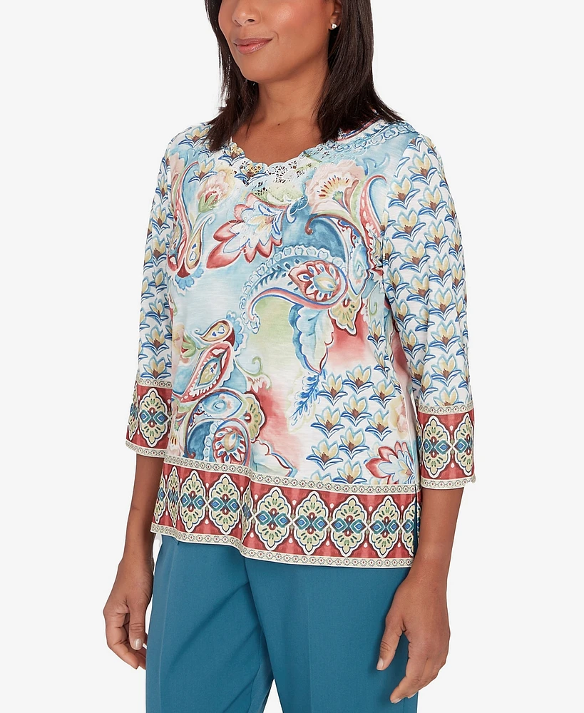 Alfred Dunner Petite Sedona Sky Embellished Medallion Paisley Top