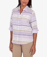 Alfred Dunner Petite Charm School Horizontal Stripe Button Down Top
