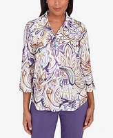 Alfred Dunner Petite Charm School Drama Paisley Button Front Top