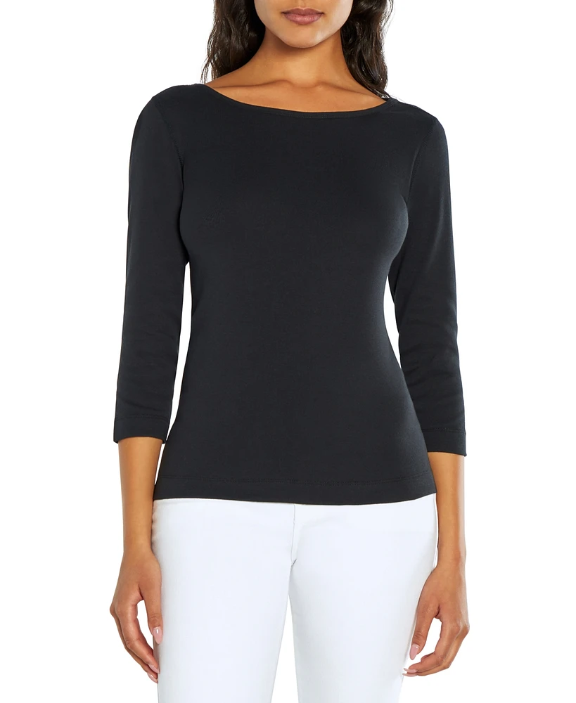 Three Dots Women's Boat-Neck 3/4-Sleeve T-Shirt