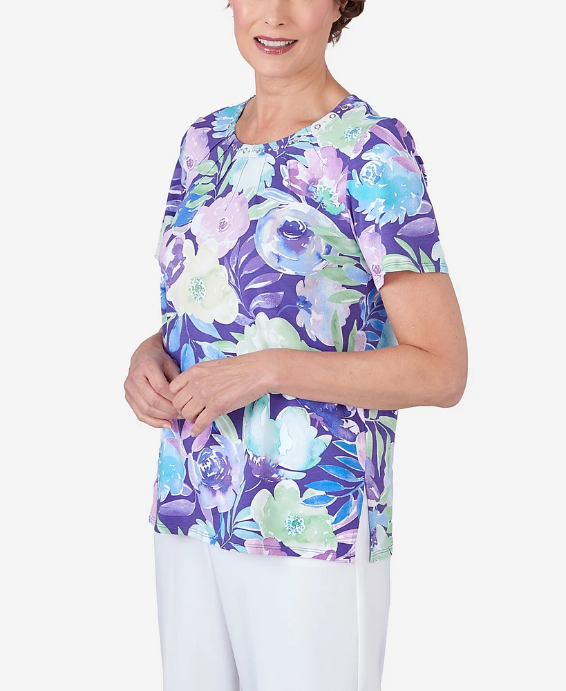 Alfred Dunner Petite Pleated Neck Floral Short Sleeve Tee