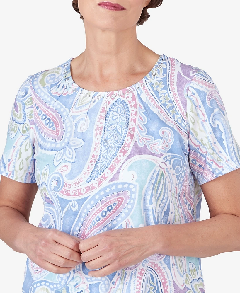 Alfred Dunner Petite Pleated Crew Neck Paisley Short Sleeve Tee