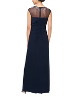 Alex Evenings Petite Beaded Illusion-Neck Cascade Gown