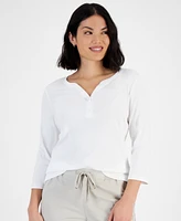 Style & Co Petite Cotton Knit Henley 3/4-Sleeve Top, Created for Macy's