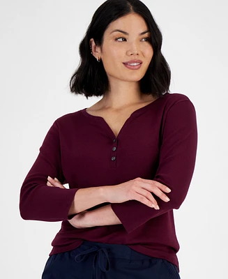 Style & Co Petite Cotton Knit Henley 3/4-Sleeve Top, Created for Macy's