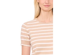 CeCe Women's Cotton Short-Sleeve Striped Crewneck Sweater