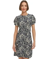 Tommy Hilfiger Petite Printed Round-Neck Ruched-Sleeve Dress