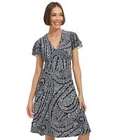 Tommy Hilfiger Women's Paisley-Print V-Neck Flutter-Sleeve Dress