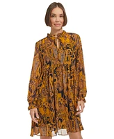 Tommy Hilfiger Women's Printed Tie-Neck Long-Sleeve Chiffon Dress