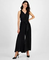 T Tahari Women's Pleated Sleeveless Tie-Waist Jumpsuit