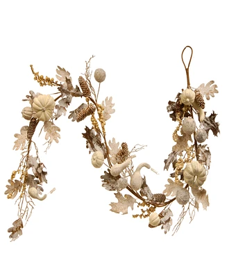 National Tree Company 6' Artificial Autumn Garland, White, Made with Pumpkins, Gourds, Maple Leaves, Pinecones, Berry Clusters, Autumn Collection