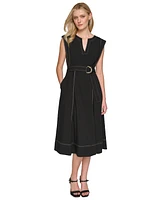 Karl Lagerfeld Paris Women's Belted Cotton Midi A-Line Dress