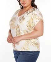 Belldini Plus Size Foil Print Grommet Trim Top