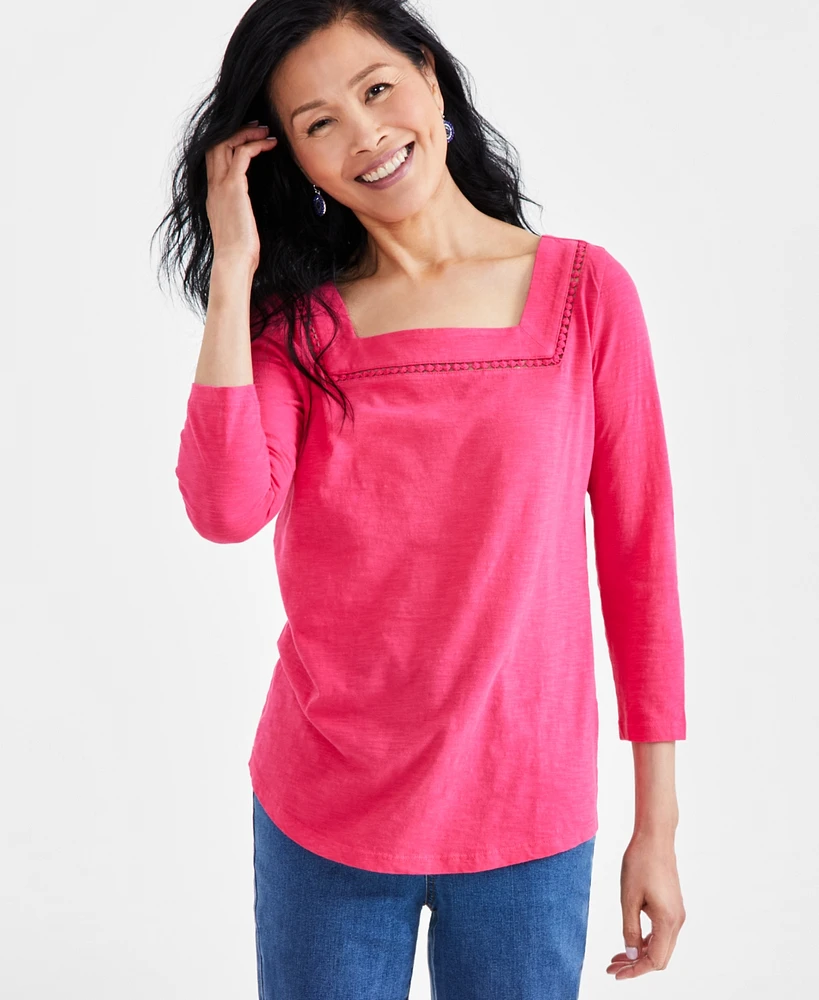 Style & Co Petite Square-Neck Cotton 3/4-Sleeve Top, Created for Macy's