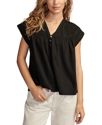 Lucky Brand Women's Cotton Band-Sleeve Yoke Top