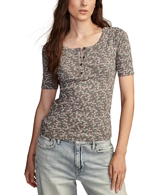 Lucky Brand Women's Printed Ribbed Short-Sleeve Henley Tee