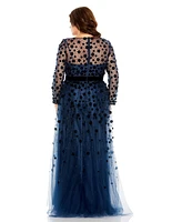 Mac Duggal Women's Floral Applique Long Sleeve A Line Gown