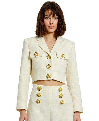 Mac Duggal Women's Cropped Tweed Floral Button Jacket