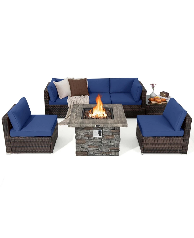 Costway 7 Pcs Patio Furniture Set with 50,000 Btu Fire Pit Table Wicker Sofa Cushions