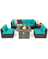 Costway 7 Pcs Patio Furniture Set with 50,000 Btu Fire Pit Table Wicker Sofa Cushions