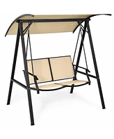 Gymax Patio Canopy Swing Outdoor Swing Chair 2-Person Canopy Hammock Beige