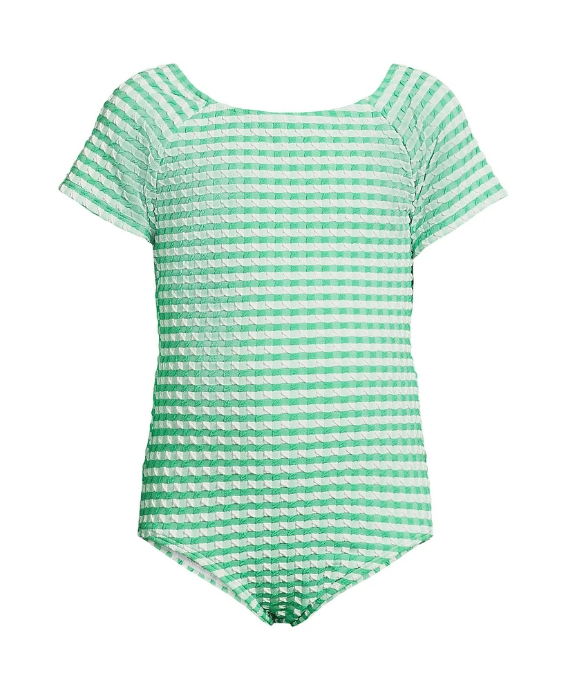 Lands' End Girls Cap Sleeve Portrait One Piece Swimsuit Gingham