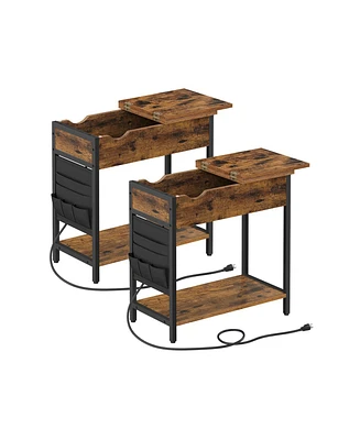 Slickblue Industrial Nightstand Side Table With Flip Top, Usb Ports And Power Outlet (Set of 2)