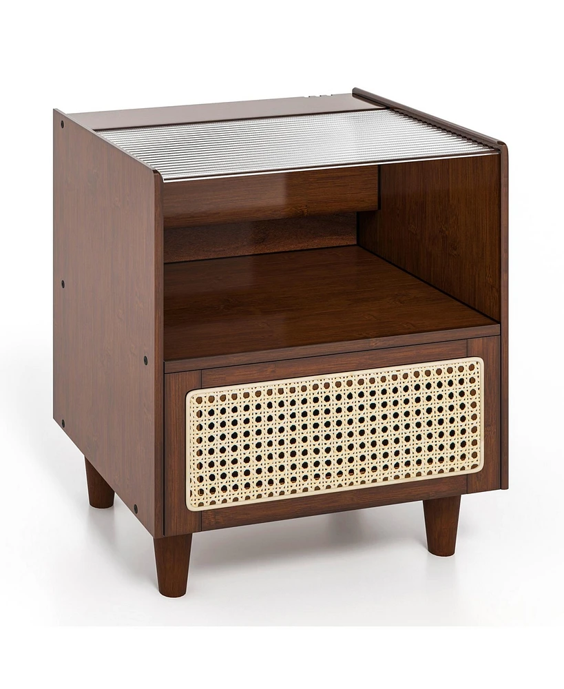 Sugift Bamboo Rattan Nightstand with Drawer and Solid Wood Legs